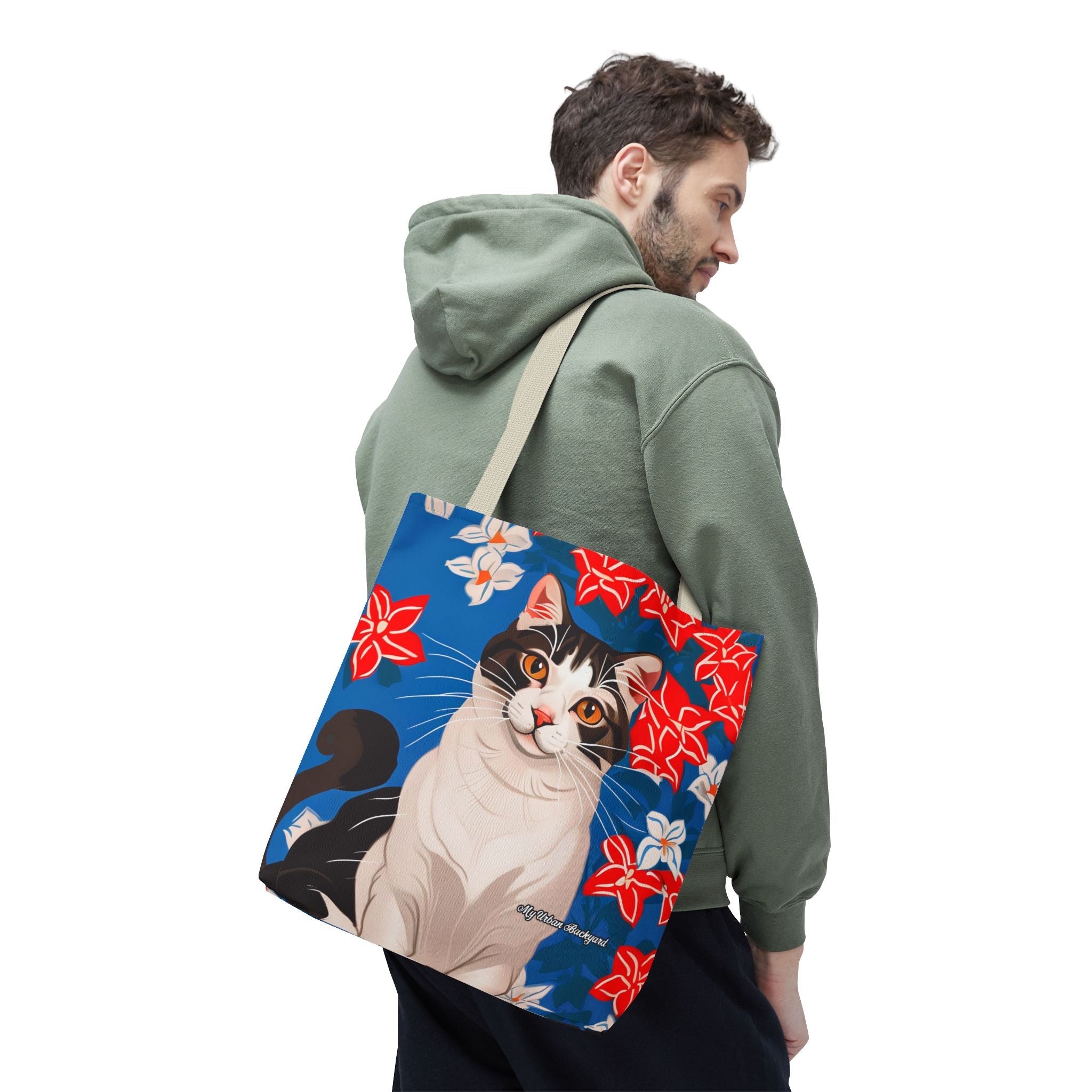Cat with Red and White Flowers, Tote Bag with Cotton Handles For Everyday Use, 3 Sizes