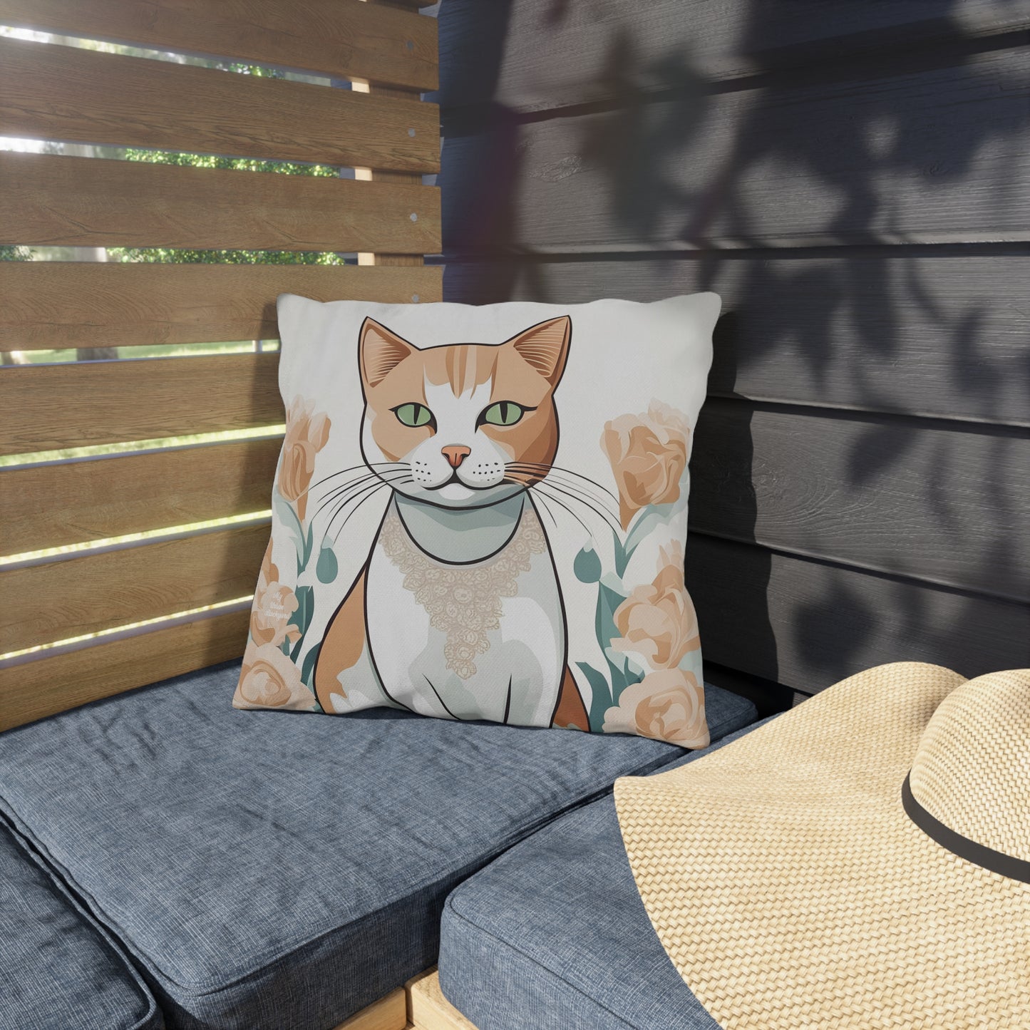 Green-Eyed Tabby Cat, Bay Leaf accent color, Throw Pillow, Indoor/Outdoor Decor for Home or Office