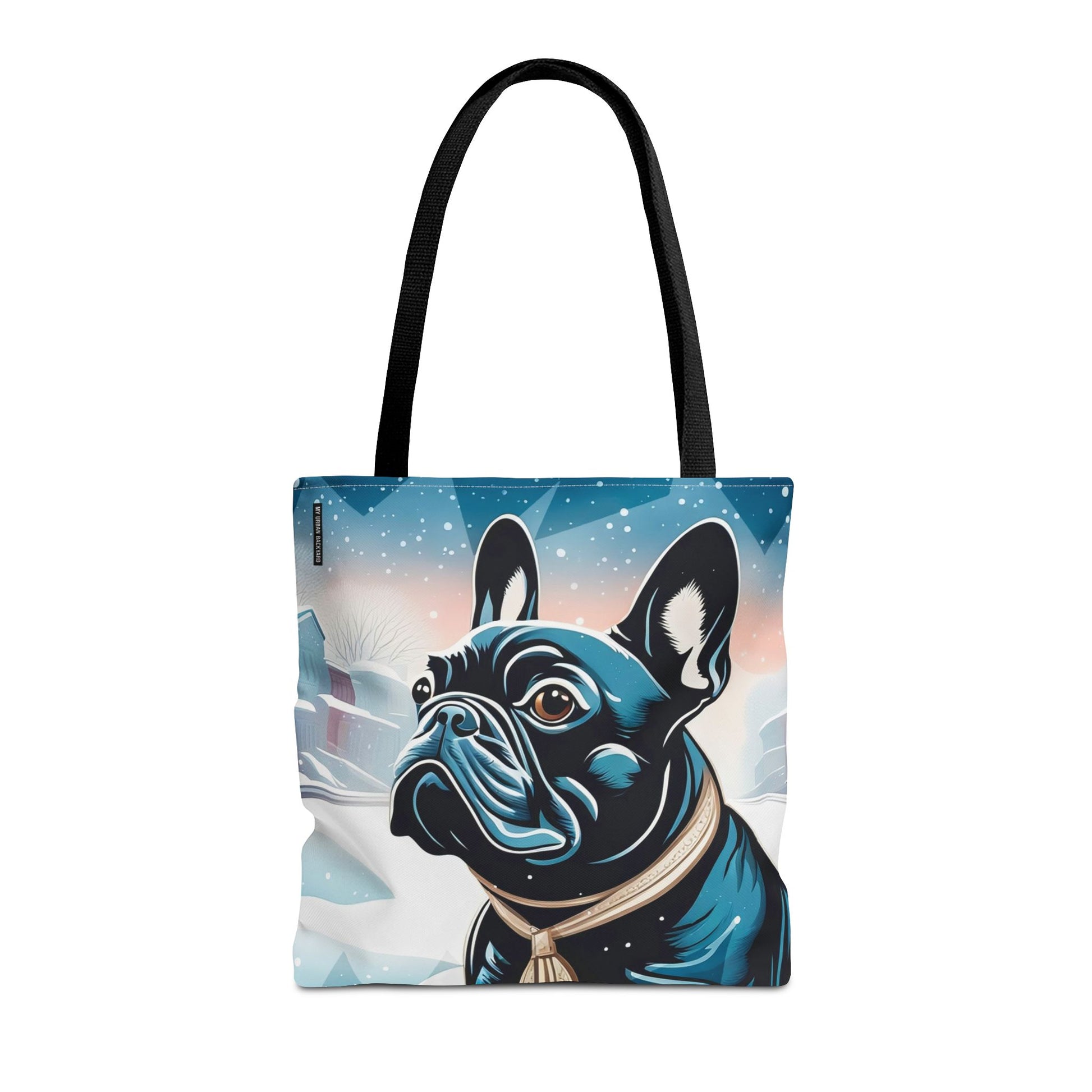 French Bulldog Winter Tote Bag — Snowy Pup All-Over Print Tote