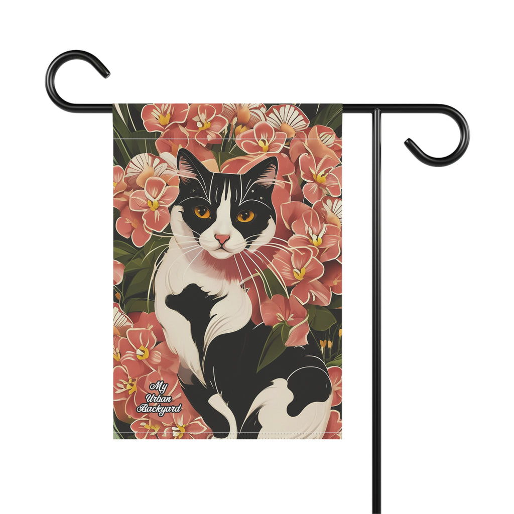 Black & White Cat in Flowers, Garden Flag for Yard, Patio, Porch, or Work, 12"x18" - Flag only