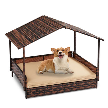 The Rattan Dog House Outdoor With Canopy, For Small And Medium-sized Dogs and Cats, Brown