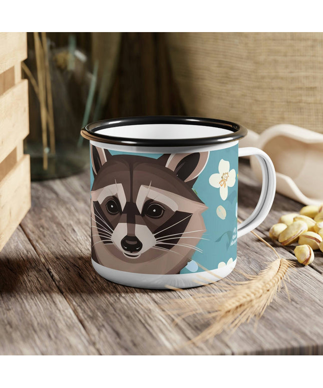 Enamel Camping Mug for Coffee, Tea, Hot Cocoa, Cereal, 12oz, Raccoon w Flowers