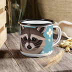 Enamel Camping Mug for Coffee, Tea, Hot Cocoa, Cereal, 12oz, Raccoon w Flowers