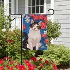 Cat with Red and White Flowers, Garden Flag