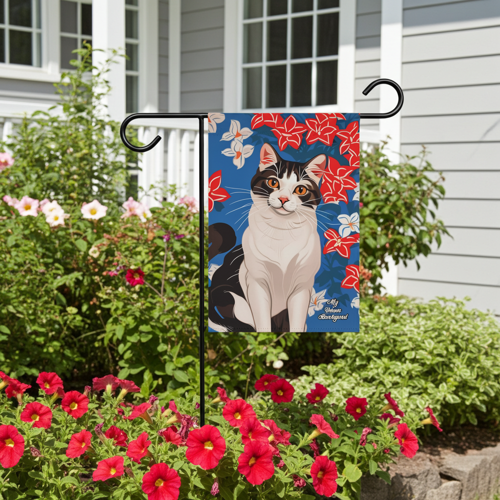 Cat with Red and White Flowers, Garden Flag