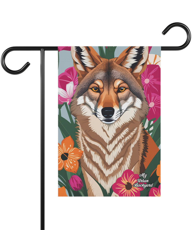 Coyote and Vibrant Flowers, Garden Flag for Yard, Patio, Porch, or Work, 12"x18" - Flag only