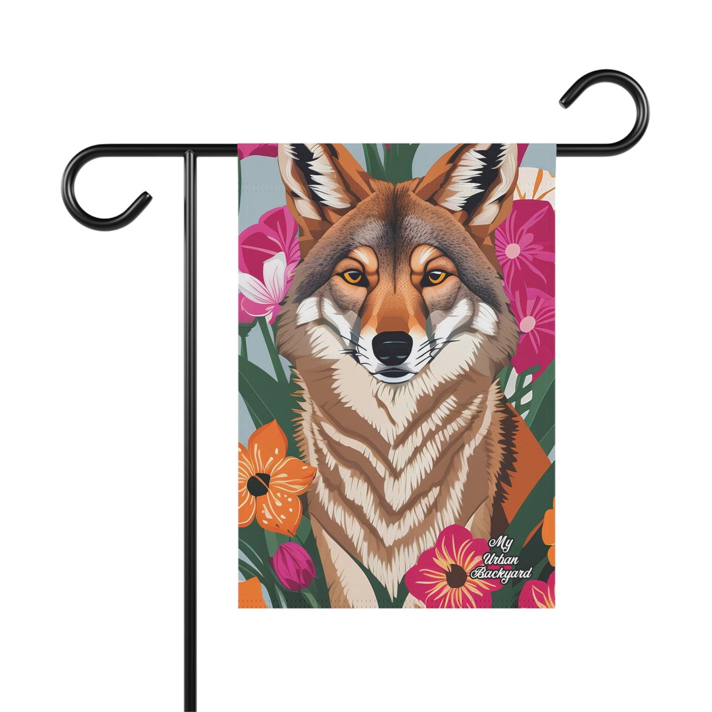 Coyote and Vibrant Flowers, Garden Flag for Yard, Patio, Porch, or Work, 12"x18" - Flag only