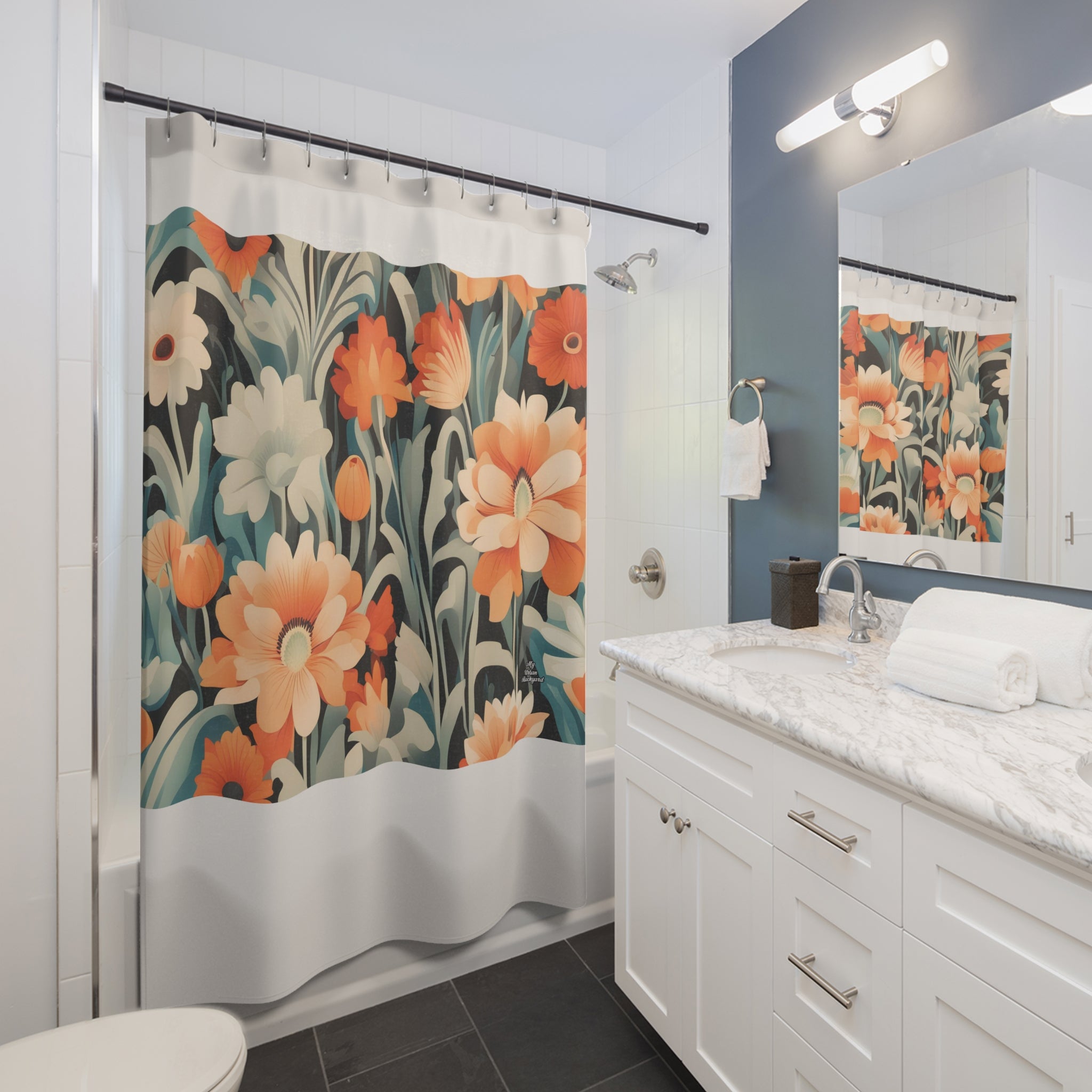 Cream Shower Curtain with Orange and White Flowers - 71" x 74"