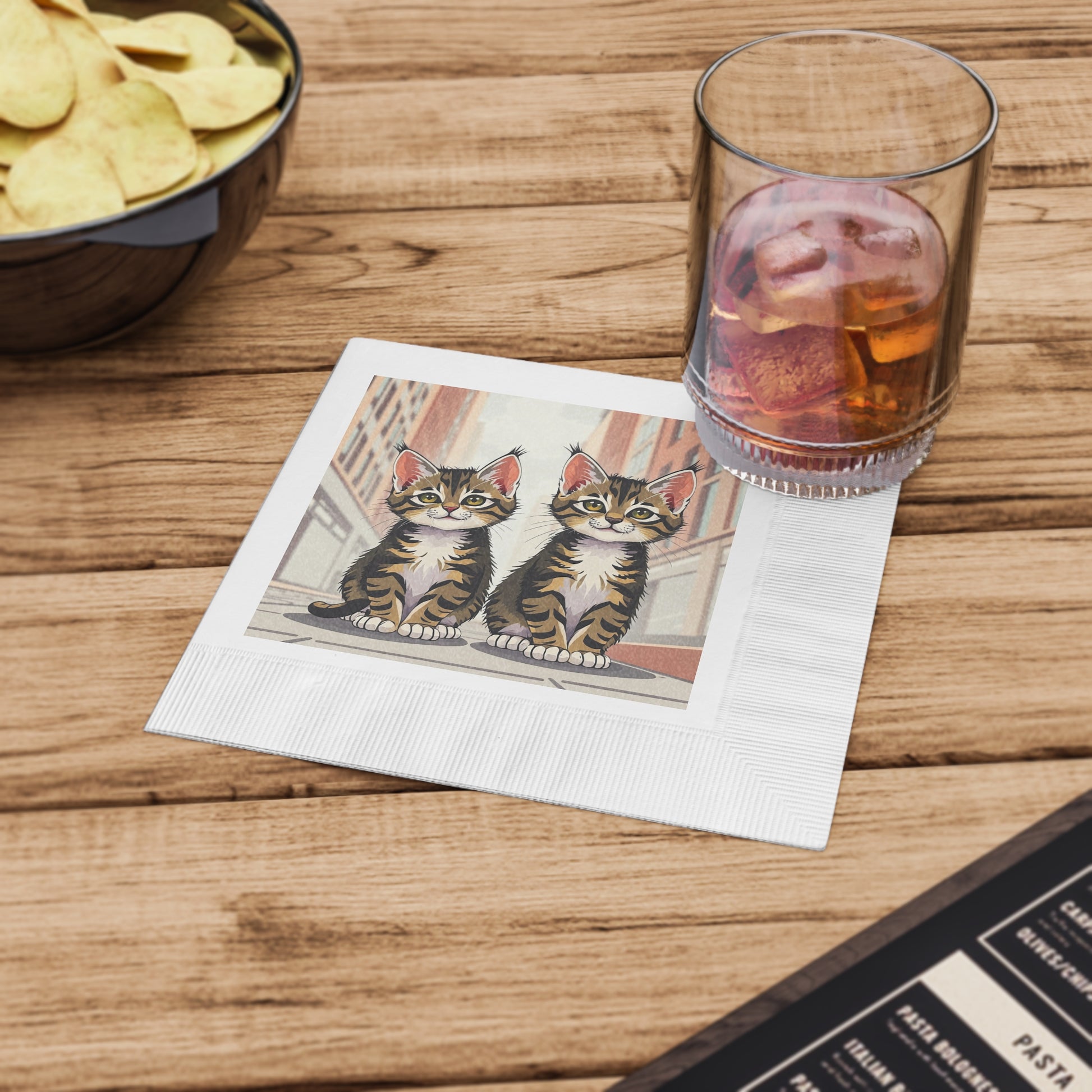 Cute Tabby Kittens Cocktail Napkins — Pack of Decorative White Party Napkins, 2 sizes, Pack of 50 or 100