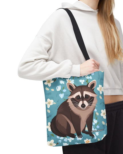 Young Raccoon w Flowers Tote Bag with Cotton Handles For Everyday Use, 3 Sizes