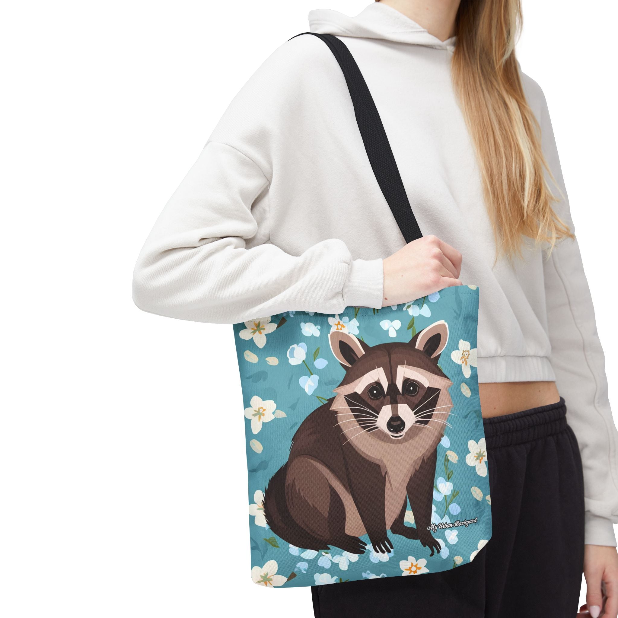 Young Raccoon w Flowers Tote Bag with Cotton Handles For Everyday Use, 3 Sizes