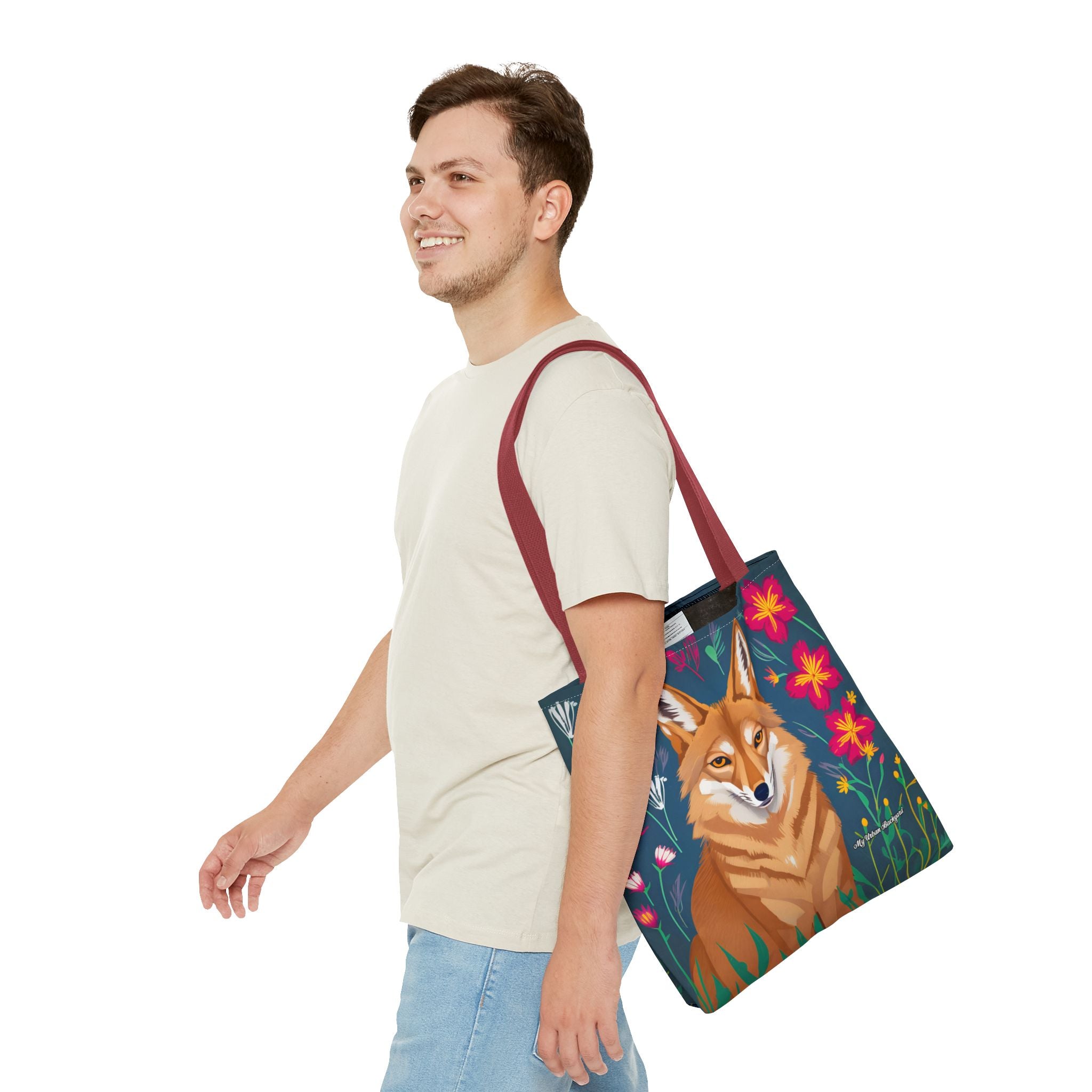 Coyote w Red Flowers Tote Bag with Cotton Handles For Everyday Use, 3 Sizes