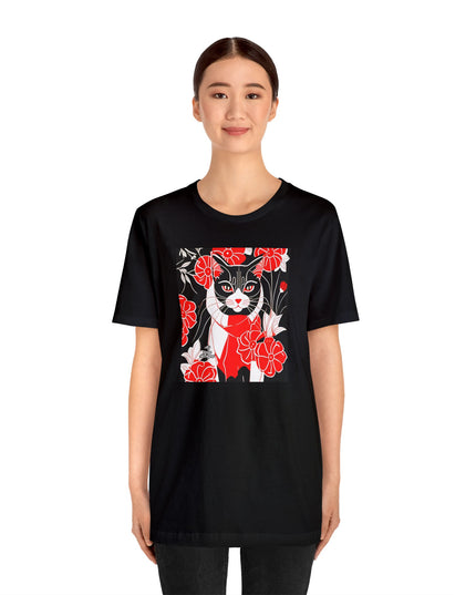 Tuxedo Cat with Red Flowers, Soft 100% Jersey Cotton T-Shirt, Unisex, Short Sleeve, Retail Fit