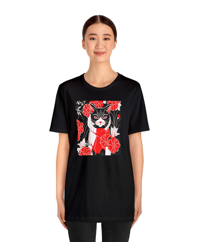 Tuxedo Cat with Red Flowers, Soft 100% Jersey Cotton T-Shirt, Unisex, Short Sleeve, Retail Fit
