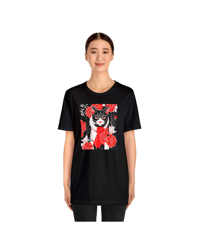Tuxedo Cat with Red Flowers, Soft 100% Jersey Cotton T-Shirt, Unisex, Short Sleeve, Retail Fit