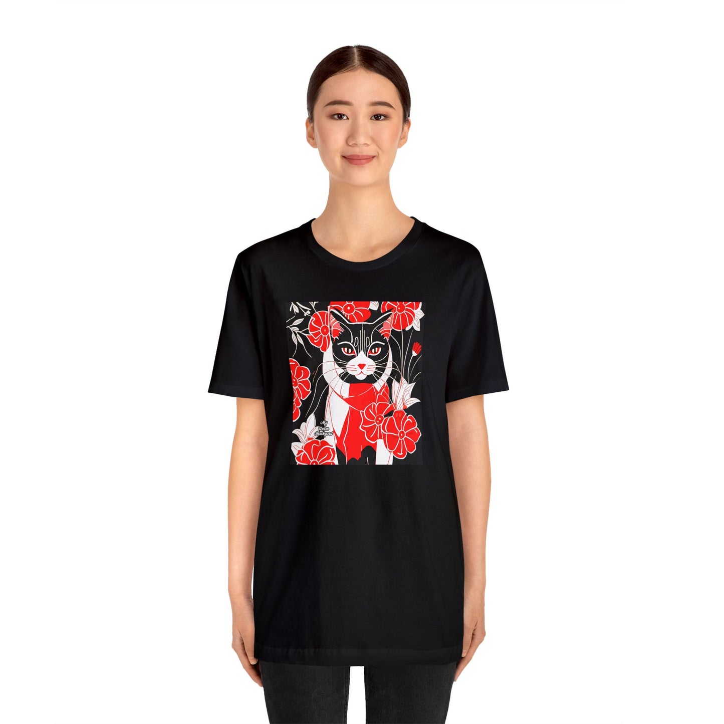 Tuxedo Cat with Red Flowers, Soft 100% Jersey Cotton T-Shirt, Unisex, Short Sleeve, Retail Fit