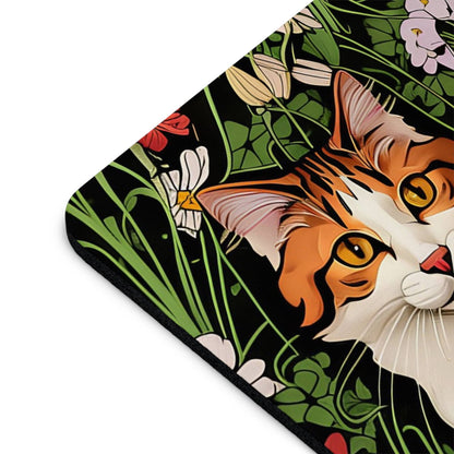 Computer Mouse Pad, Non-slip rubber bottom, Orange and White Cat w Flowers