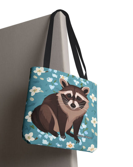 Young Raccoon w Flowers Tote Bag with Cotton Handles For Everyday Use, 3 Sizes