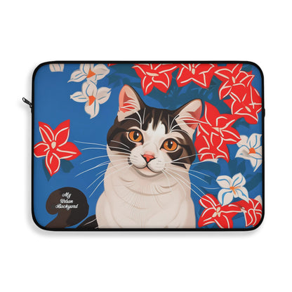 Cat with White & Red Flowers, Laptop Carrying Case, Top Loading Sleeve for School or Work