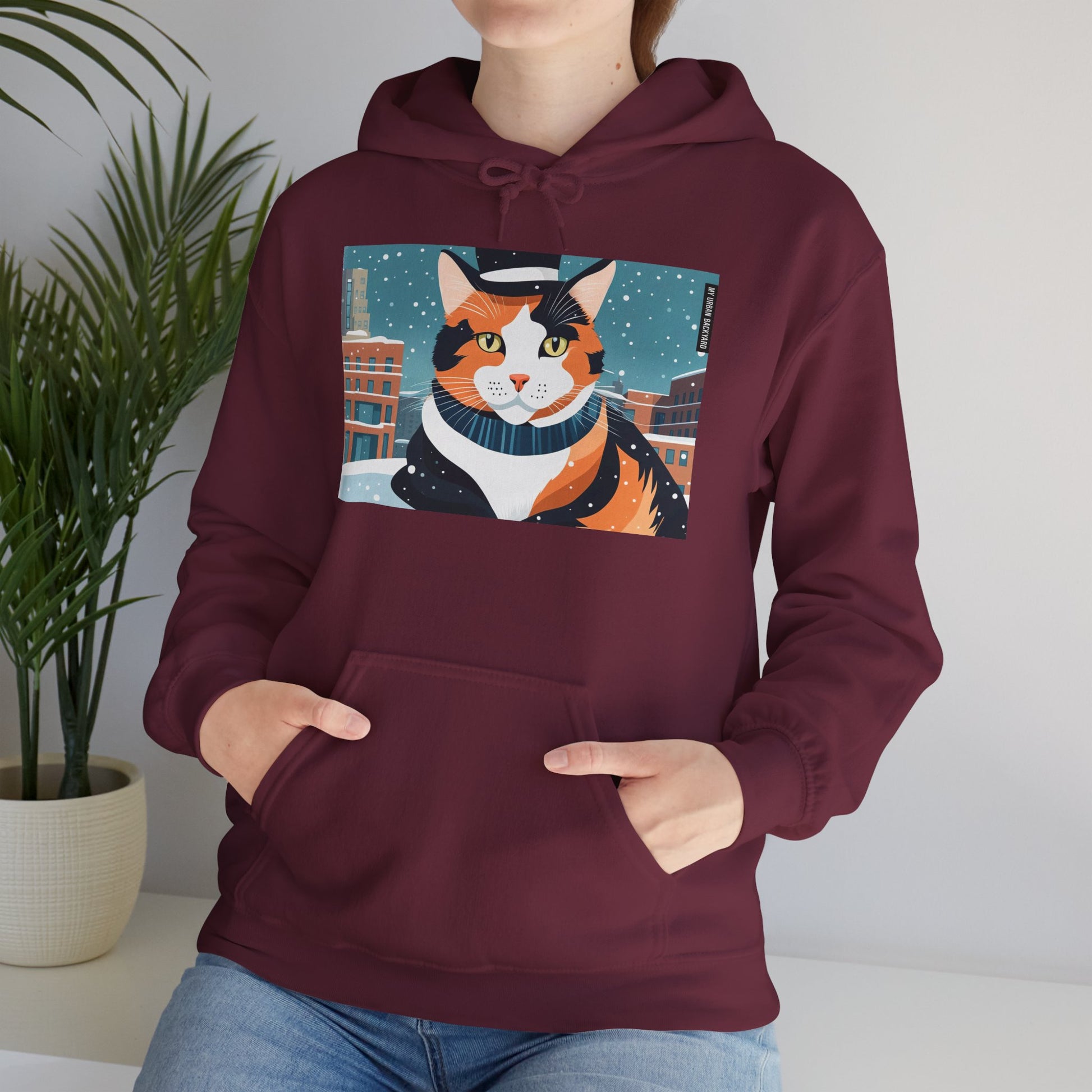 Calico Cat in Snow Hoodie — Cozy Winter Cat Lover Sweatshirt