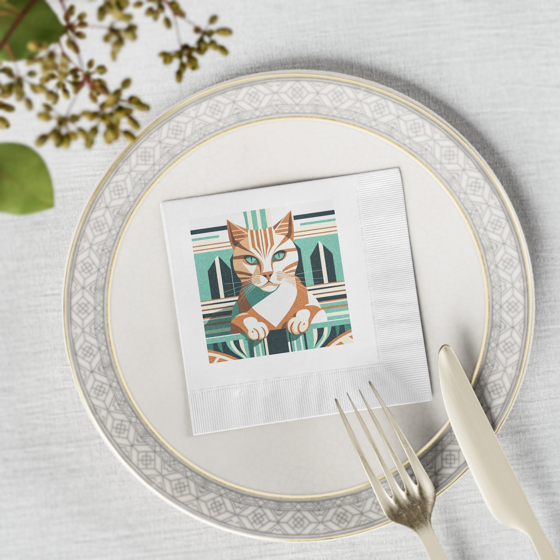 Art Deco Tabby Cat Cocktail Napkins - Retro Geometric Cat Design, 2 sizes, Pack of 50 or 100