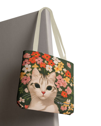 White Cat with Flowers Tote Bag with Cotton Handles For Everyday Use, 3 Sizes