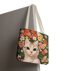 White Cat with Flowers Tote Bag with Cotton Handles For Everyday Use, 3 Sizes