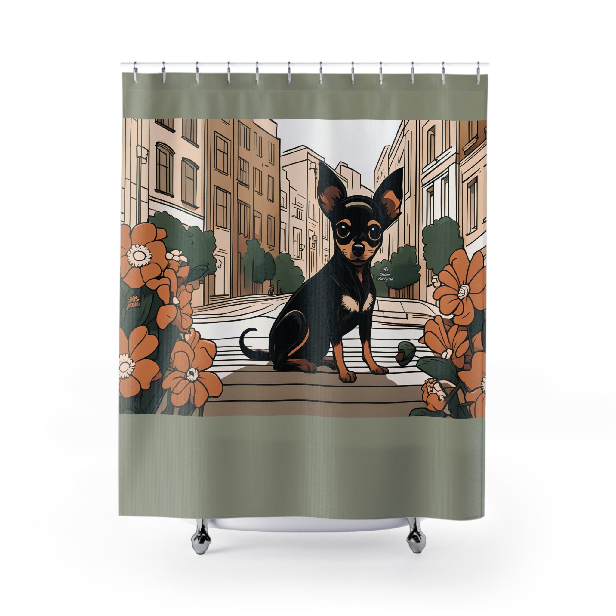 Sage Shower Curtain with Ricky Barkley, Urban Dog Graphic - 71" x 74"