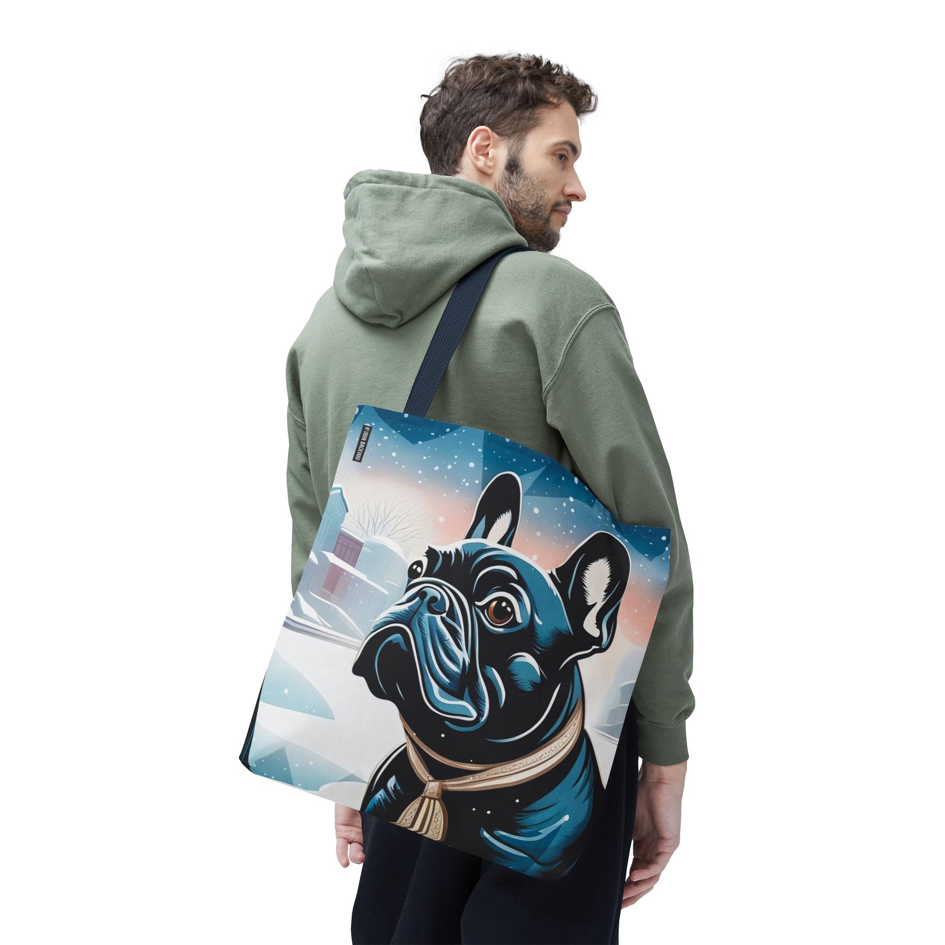 French Bulldog Winter Tote Bag — Snowy Pup All-Over Print Tote