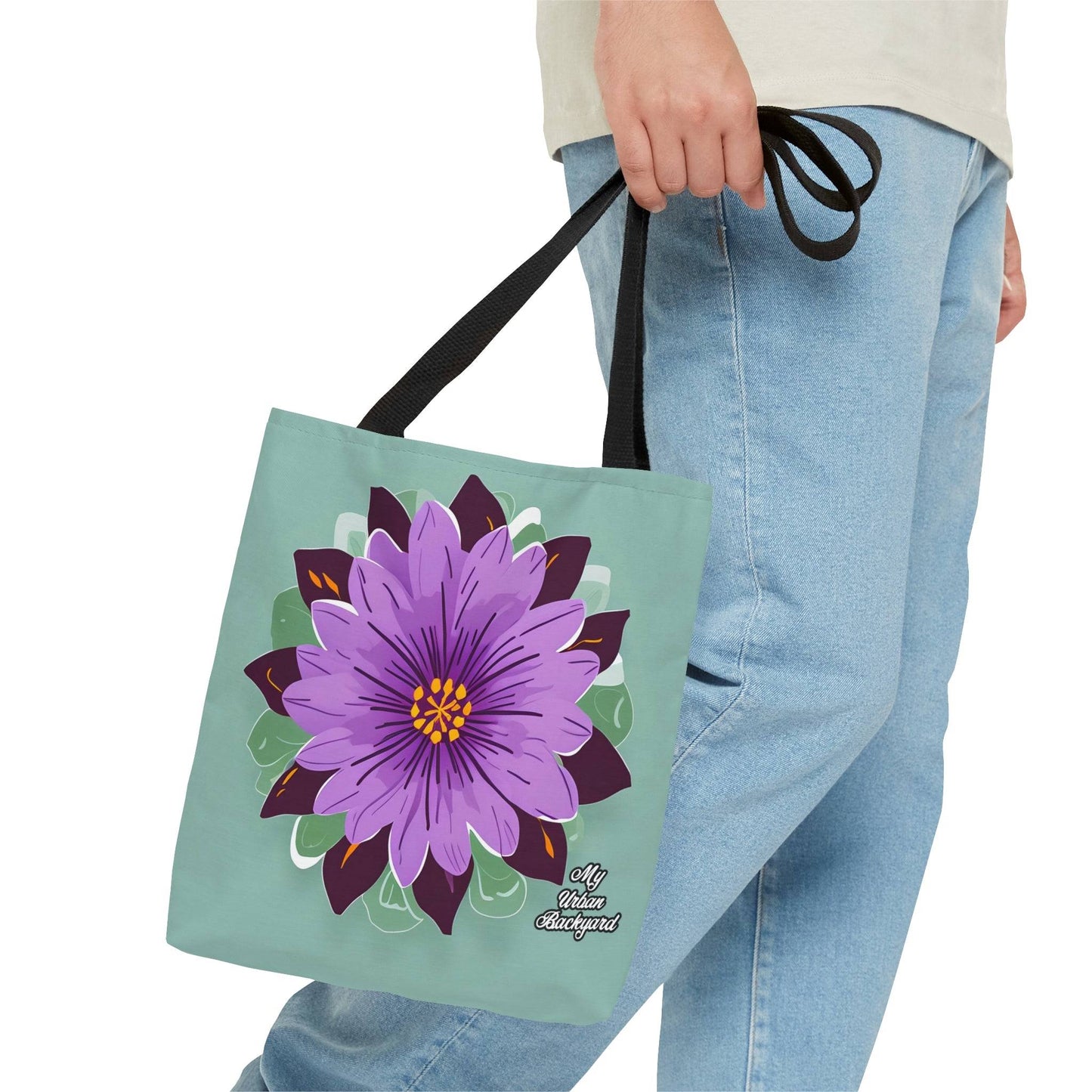 Everyday Tote Bag w Cotton Handles, Reusable Shoulder Bag, Purple Flower