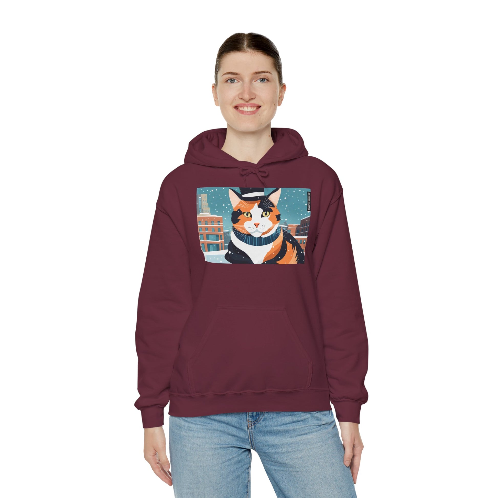 Calico Cat in Snow Hoodie — Cozy Winter Cat Lover Sweatshirt