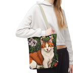 Orange Cat with Flowers, Tote Bag w Cotton Handles
