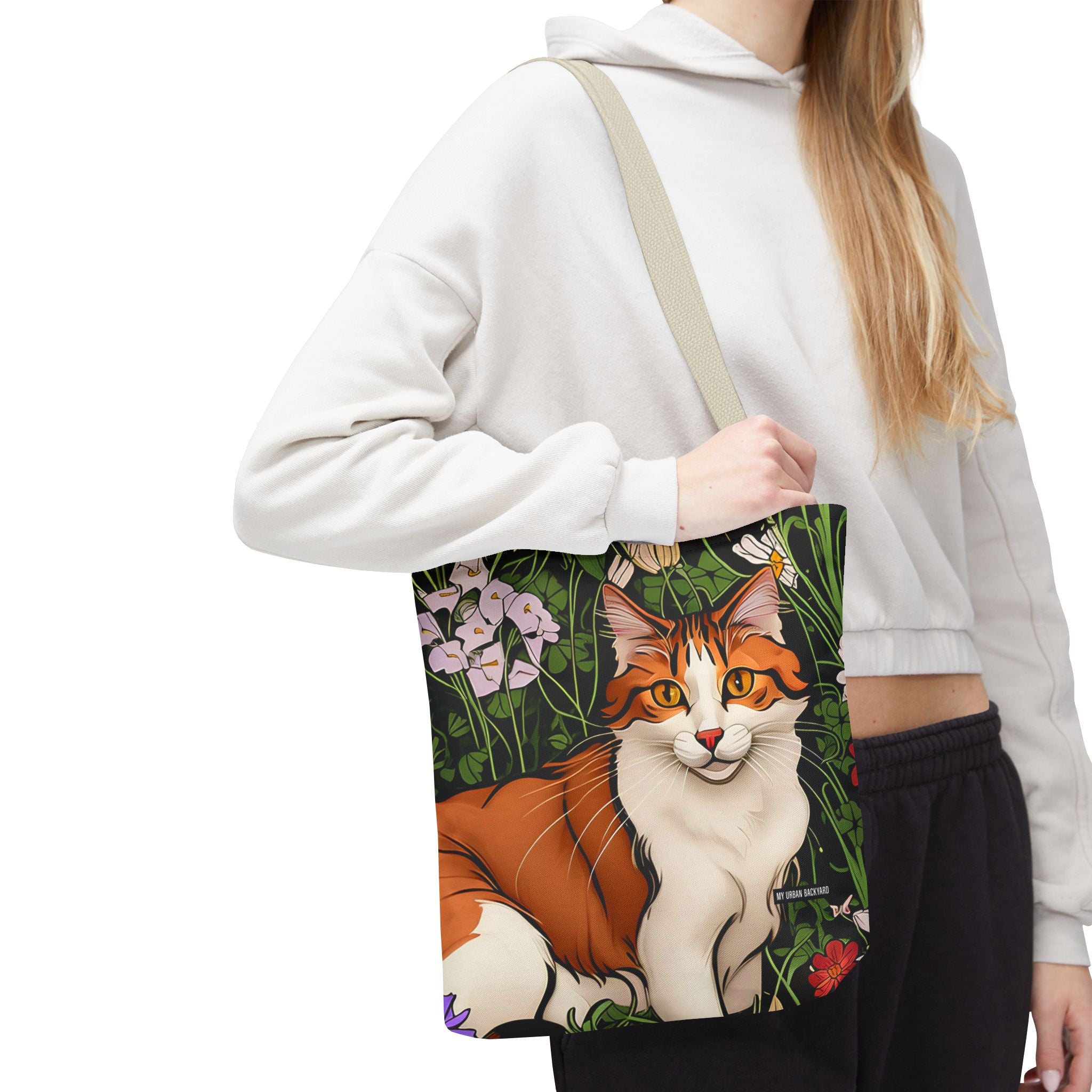 Orange Cat with Flowers, Tote Bag w Cotton Handles