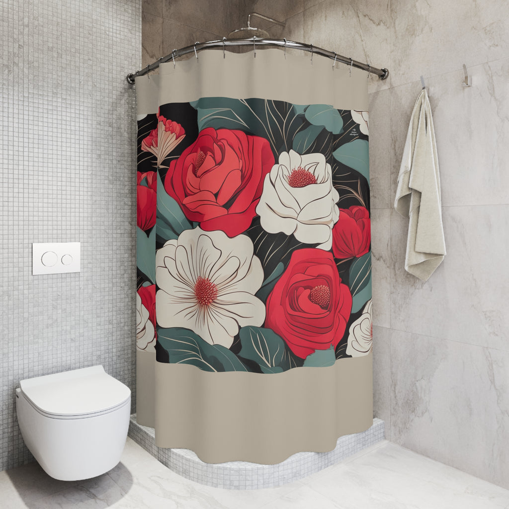 Floral Shower Curtain, Boho Bathroom Decor, Flower Pattern, Home Decor, Gift for Her, Romantic Style, Tan accent color - 71" x 74"