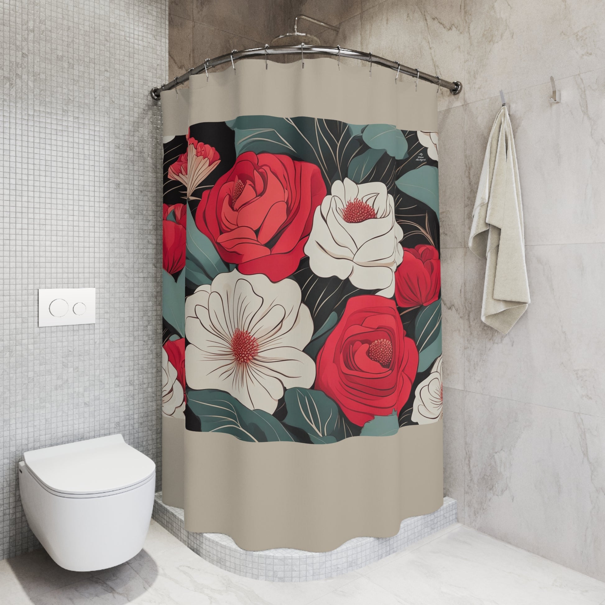 Floral Shower Curtain, Boho Bathroom Decor, Flower Pattern, Home Decor, Gift for Her, Romantic Style, Tan accent color - 71" x 74"