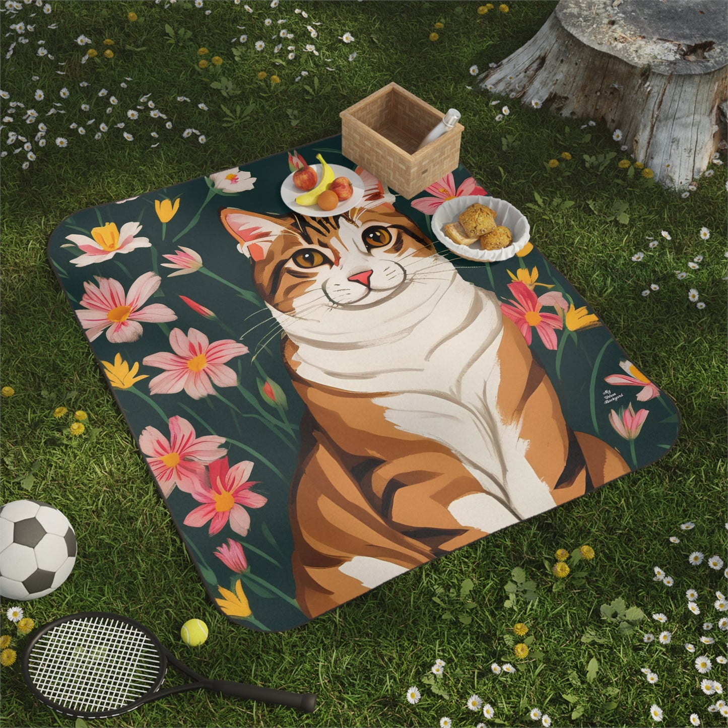 Outdoor Picnic Blanket with Soft Fleece Top and Water-Resistant Bottom - Cat and Pink Flowers