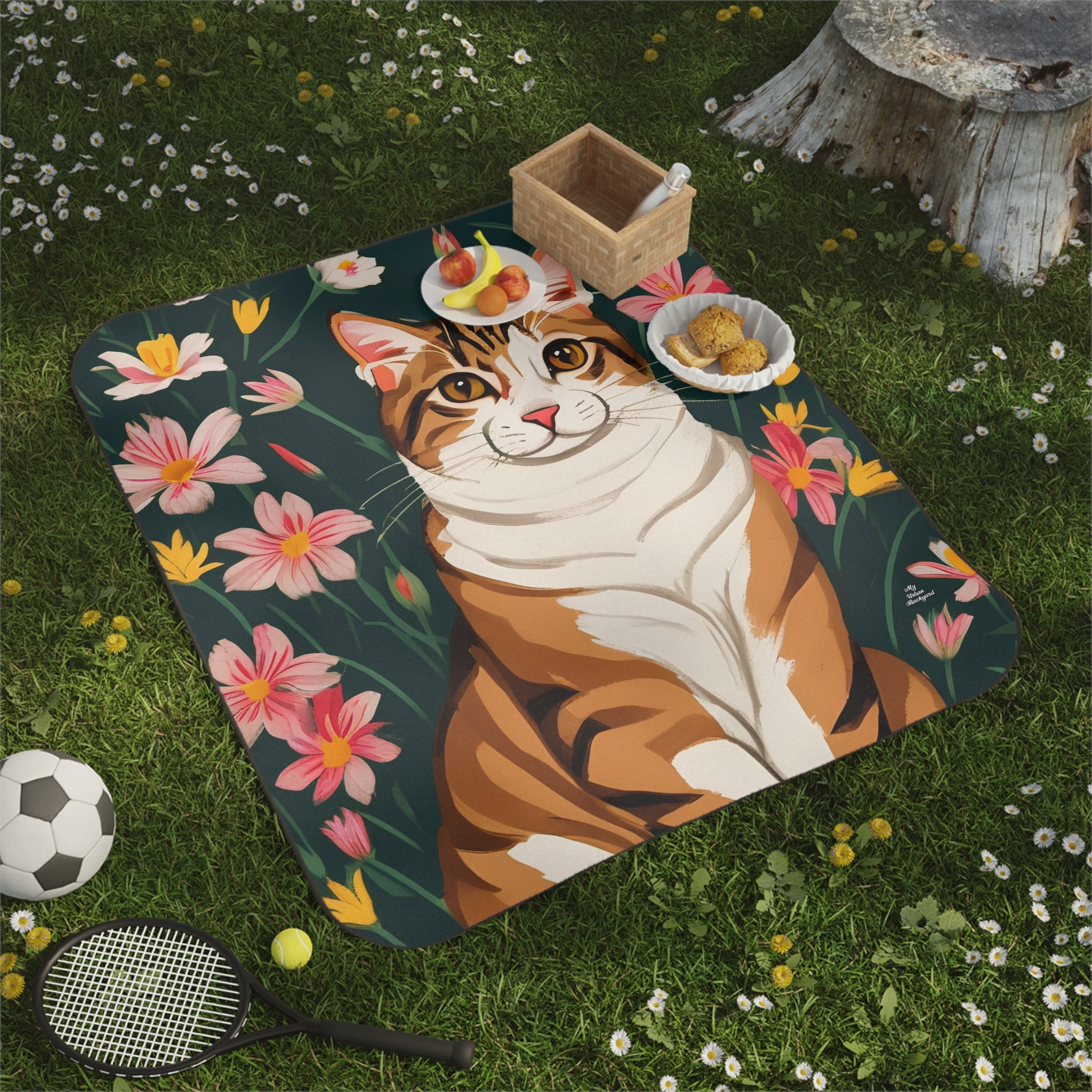 Cat and Pink Flowers, Cozy Outdoor Picnic Blanket, Water-Resistant Bottom, 51" × 61"