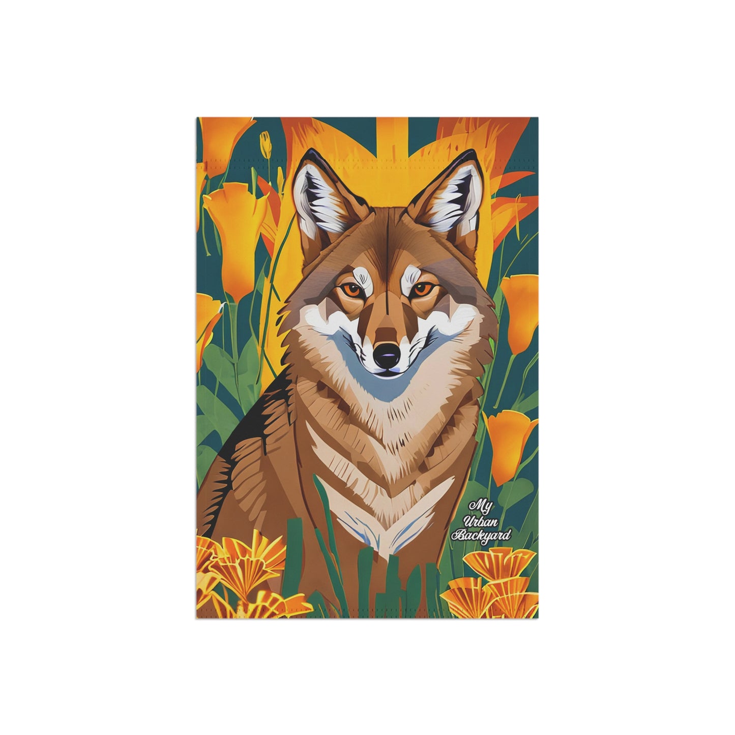 Coyote and Orange Flowers, Garden Flag for Yard, Patio, Porch, or Work, 12"x18" - Flag only