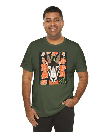 Goat with Orange Flowers, Soft 100% Jersey Cotton T-Shirt, Unisex, Short Sleeve, Retail Fit