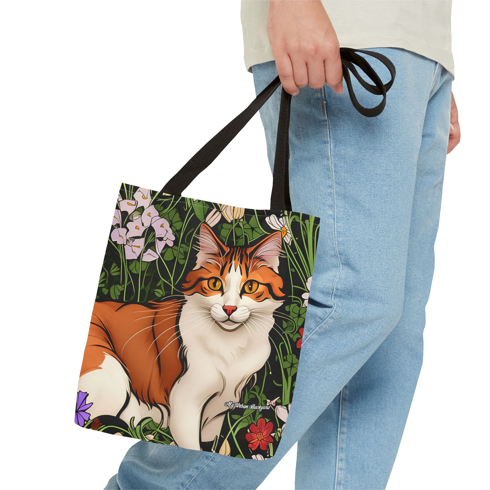 Orange Cat with Flowers Tote Bag with Cotton Handles For Everyday Use, 3 Sizes