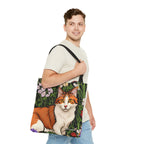 Orange Cat with Flowers Tote Bag with Cotton Handles For Everyday Use, 3 Sizes