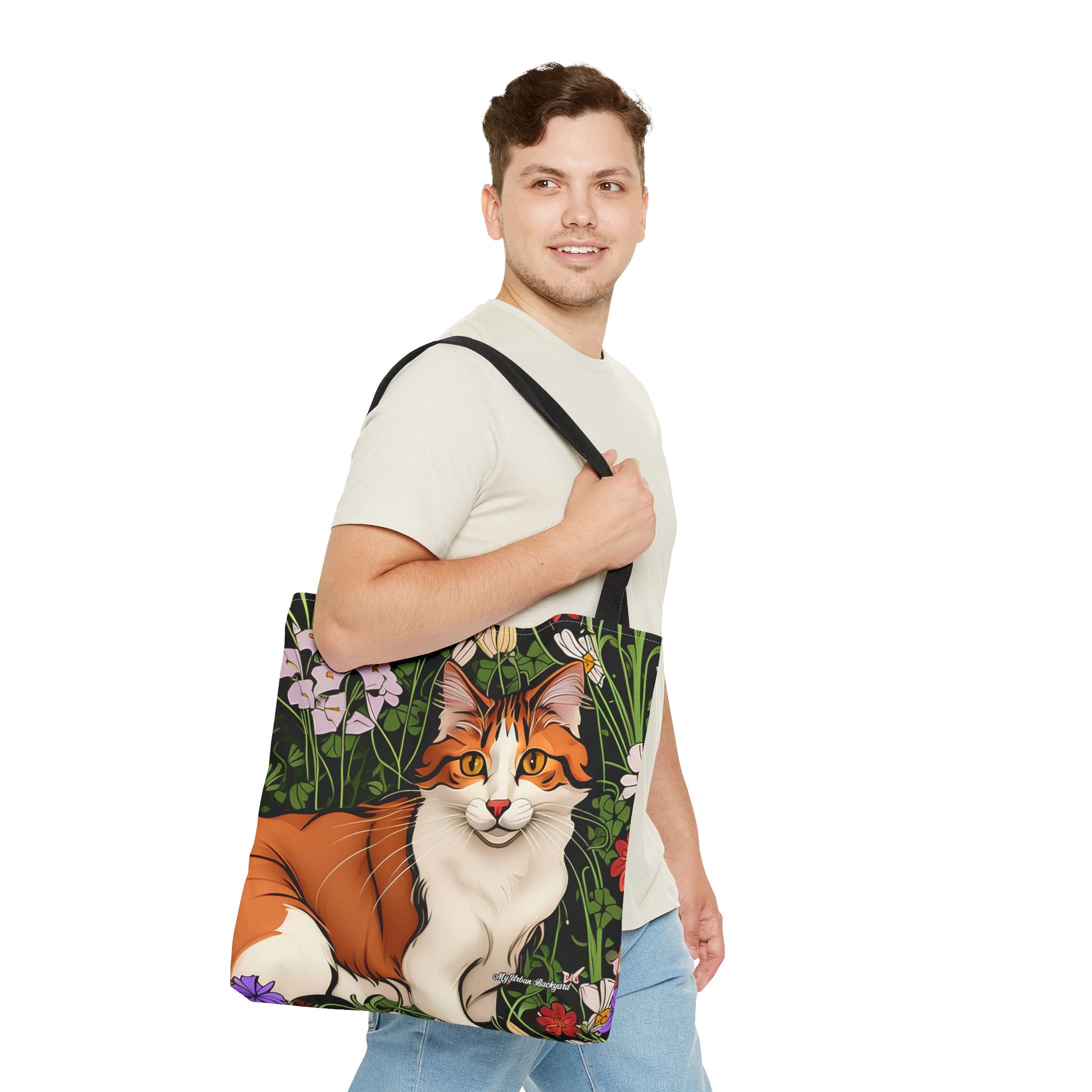 Orange Cat with Flowers Tote Bag with Cotton Handles For Everyday Use, 3 Sizes