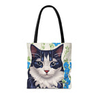 Cat and Blue Flowers Tote Bag with Cotton Handles For Everyday Use, 3 Sizes