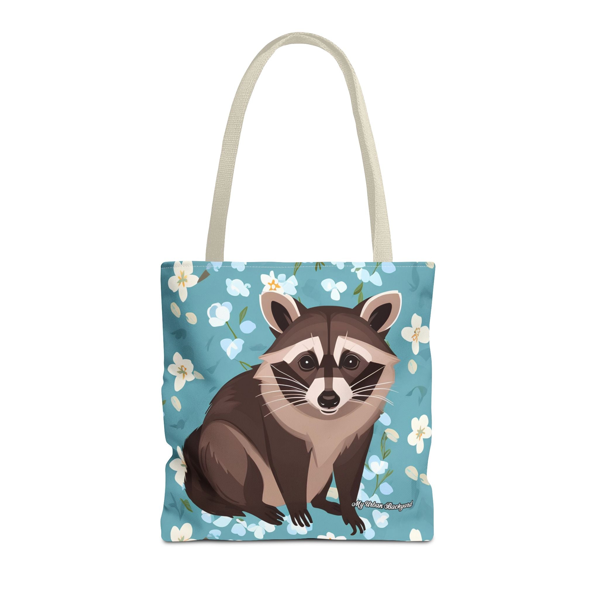Young Raccoon w Flowers Tote Bag with Cotton Handles For Everyday Use, 3 Sizes