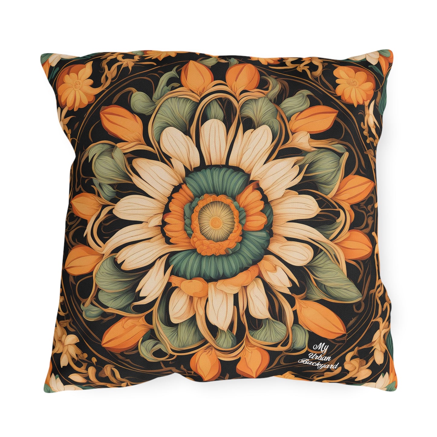 Circle of Petals, Sable accent color, Throw Pillow, Indoor/Outdoor Decor for Home or Office