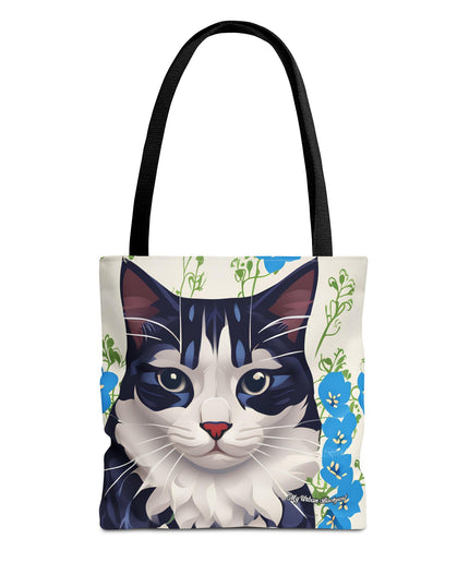 Cat and Blue Flowers Tote Bag with Cotton Handles For Everyday Use, 3 Sizes