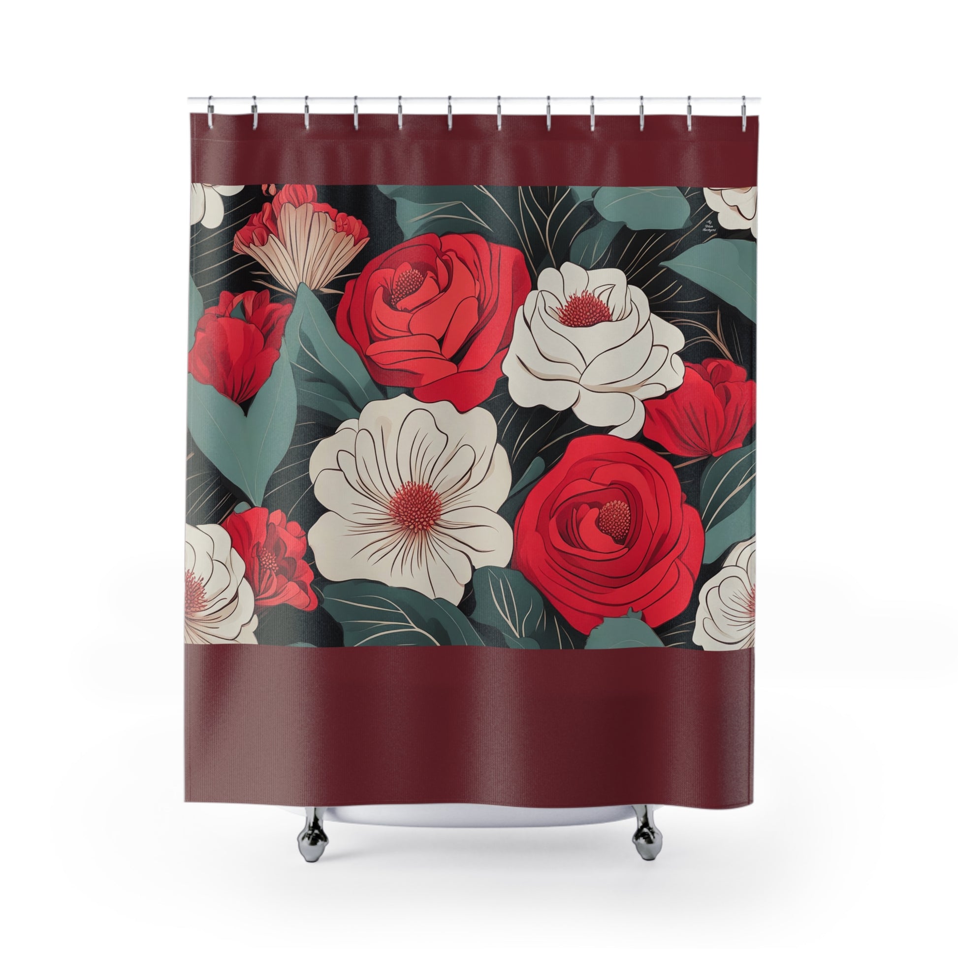 Floral Shower Curtain, Boho Bathroom Decor, Flower Pattern, Home Decor, Gift for Her, Romantic Style, Maroon accent color - 71" x 74"