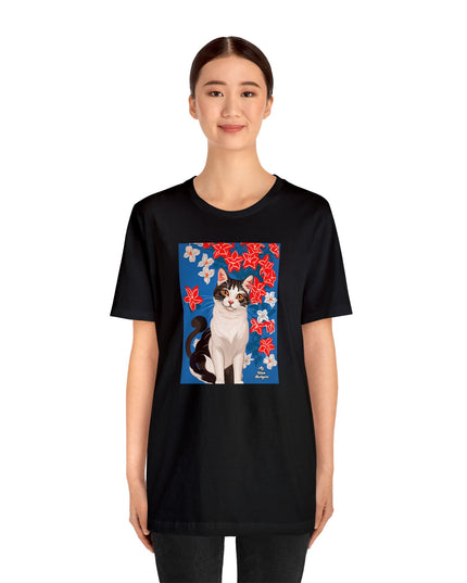 Cat with Red and White Flowers, Soft 100% Jersey Cotton T-Shirt, Unisex, Short Sleeve, Retail Fit
