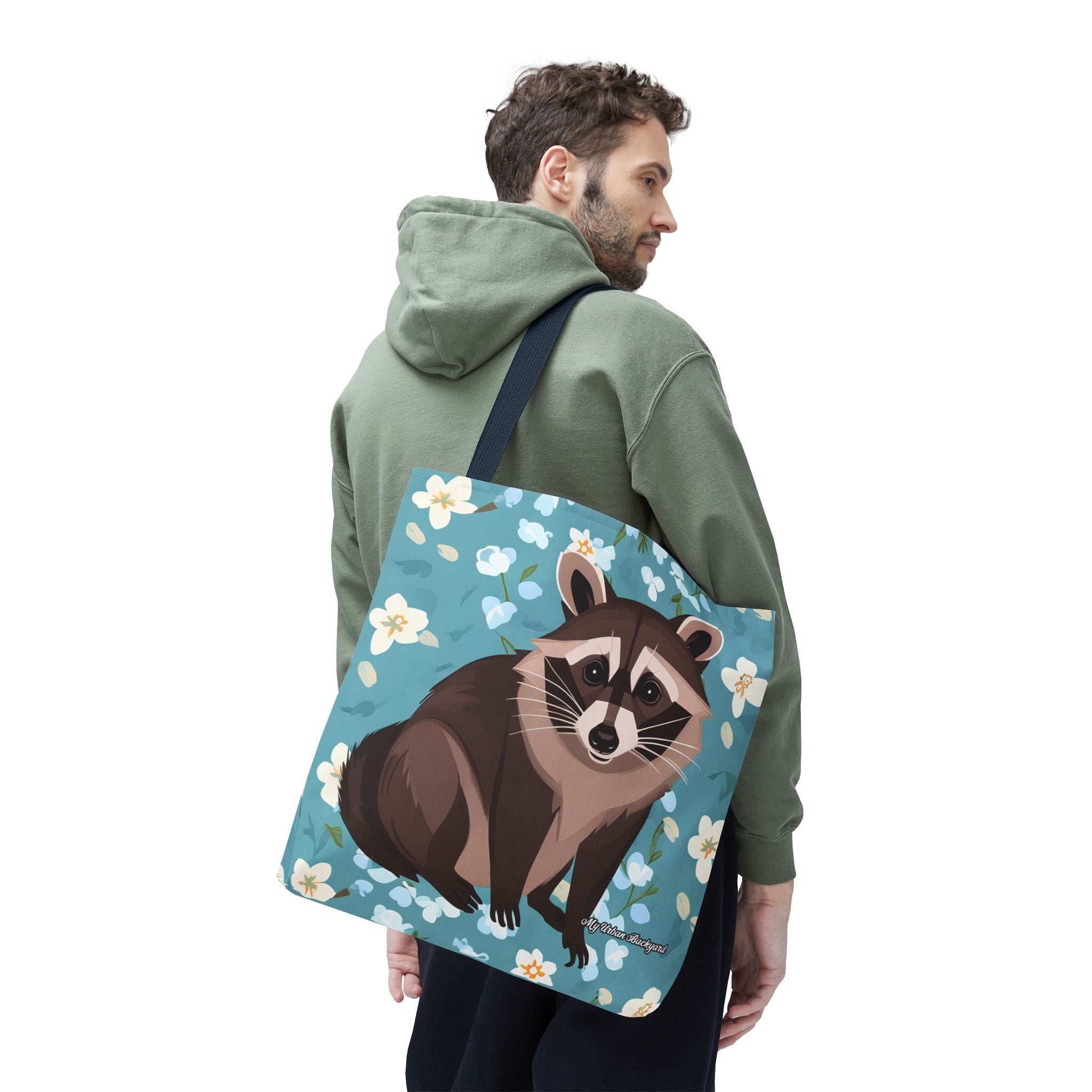 Young Raccoon w Flowers Tote Bag with Cotton Handles For Everyday Use, 3 Sizes