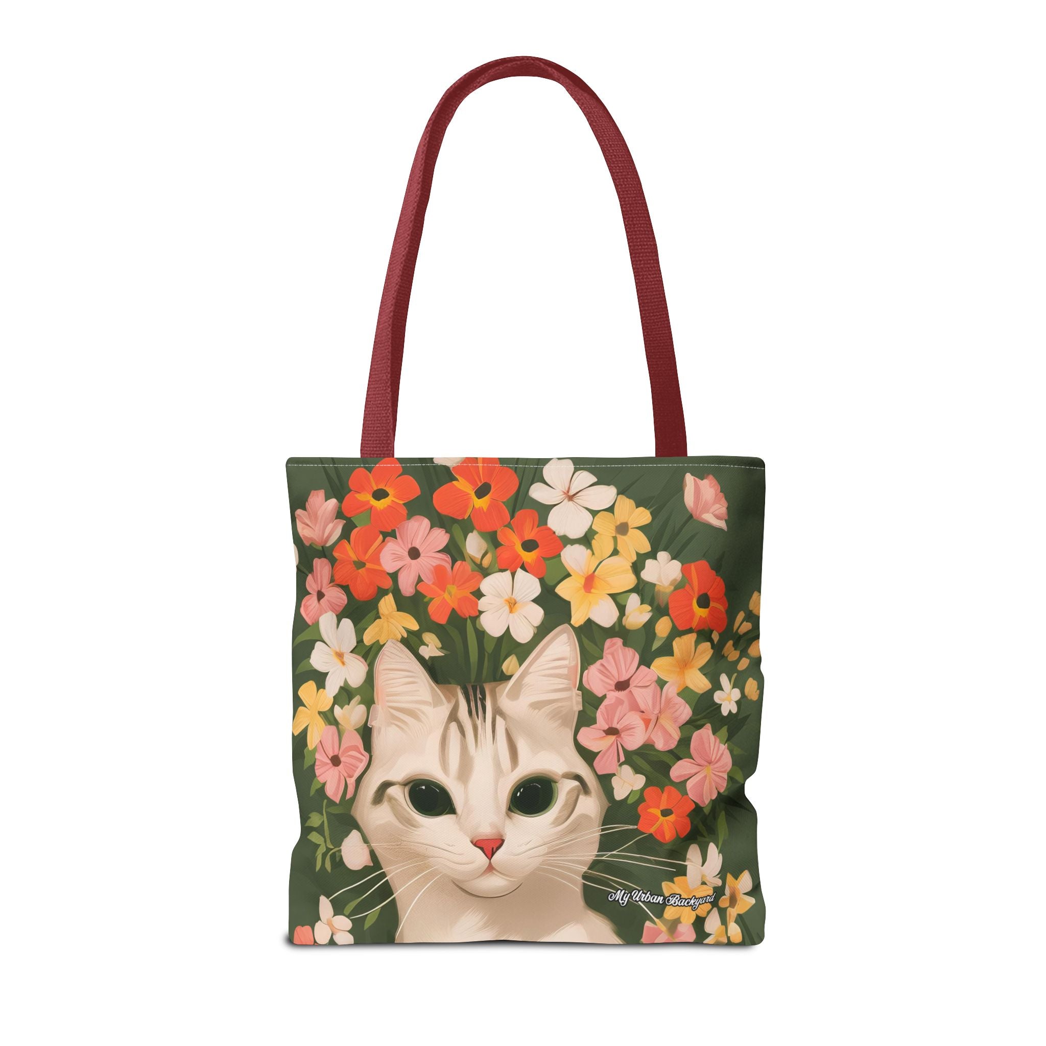 White Cat with Flowers Tote Bag with Cotton Handles For Everyday Use, 3 Sizes